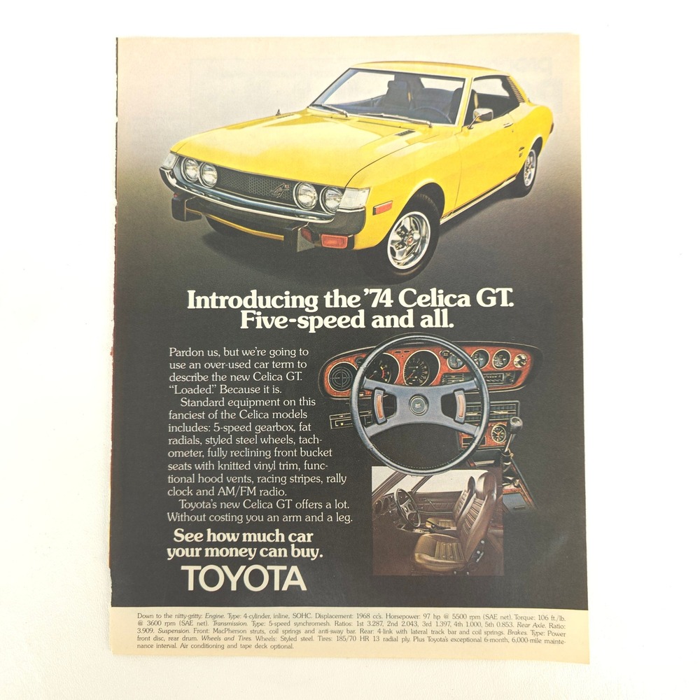1974 Toyota Celica GT Print Ad JDM 5-Speed Japanese Sports Car Wall Decor Art